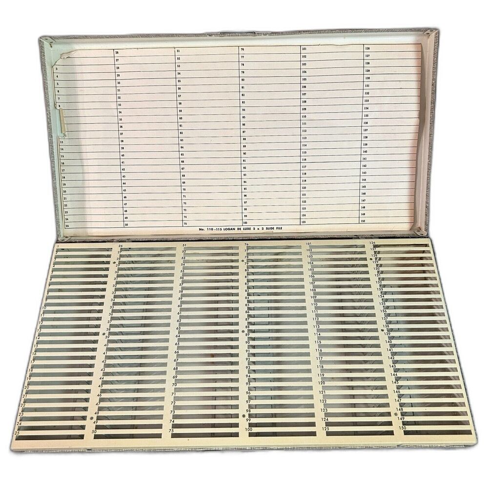 Vintage LOGAN Deluxe 35 mm Slide Tray File Metal Box Holds 150 Blank Title Page